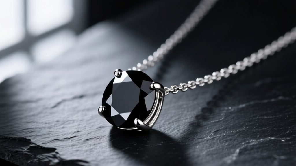 Macro shot of a black and silver necklace featuring a faceted black spinel pendant in polished 925 sterling silver on dark slate.
