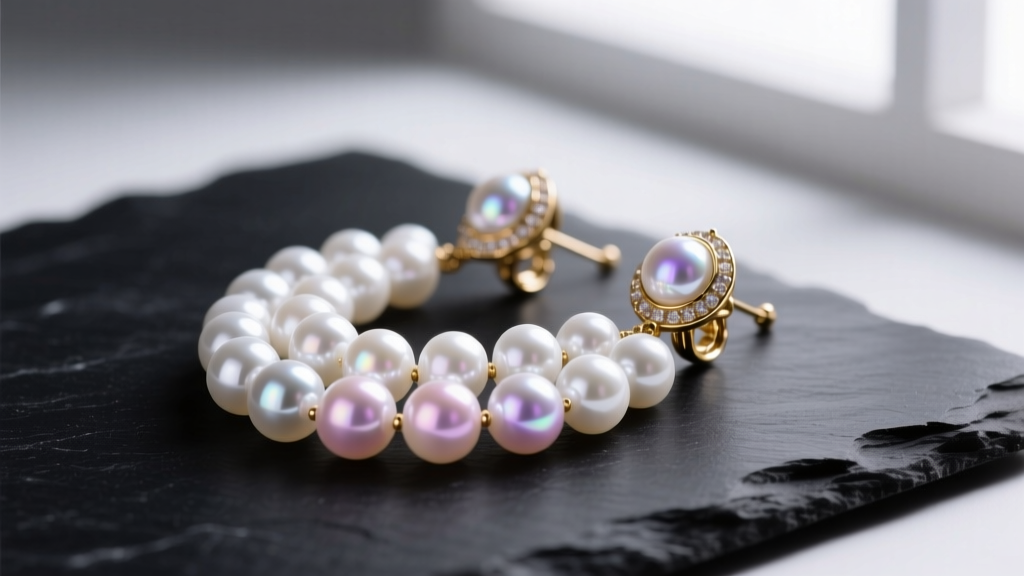 Macro shot of white Akoya pearl cluster earrings on dark slate, soft light highlighting nacre luster and gold settings