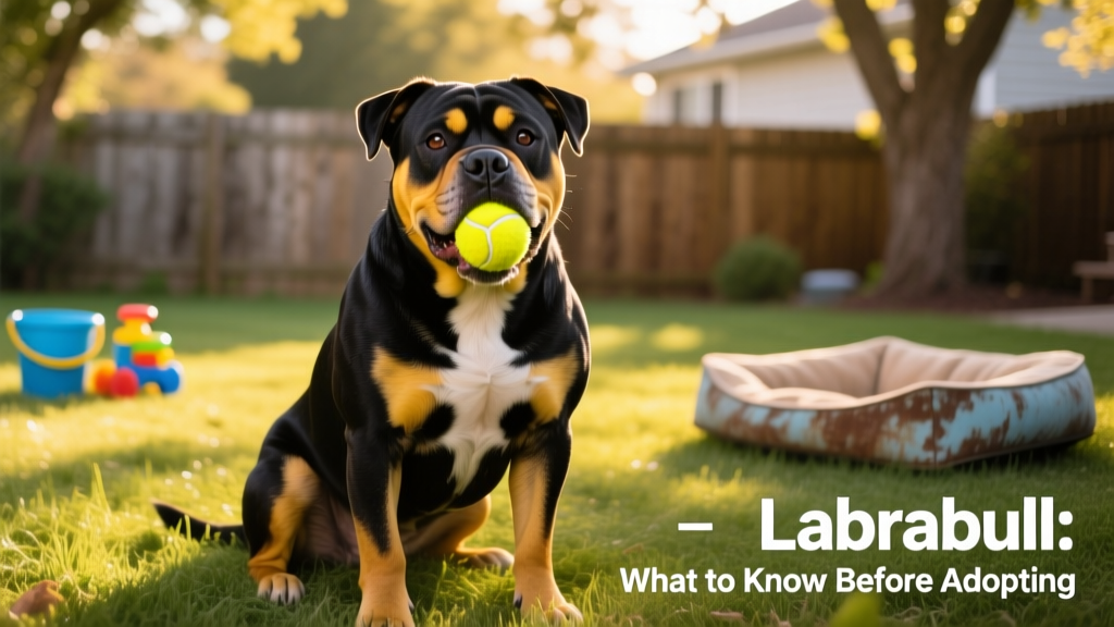 A smiling, muscular Labrabull sitting outdoors with a tennis ball, looking alert and friendly