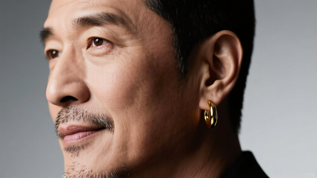 Close-up portrait of a man wearing a single 14k gold hoop earring in his right ear, looking into soft studio lighting