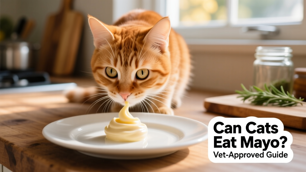 Close-up of a curious cat sniffing a small dollop of mayonnaise on a plate