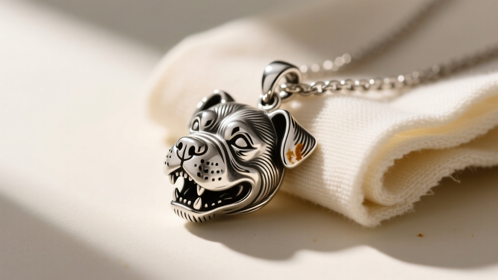 Polishing cloth gently cleaning a tarnished 925 silver pitbull dog necklace, revealing the bright, untarnished metal underneath
