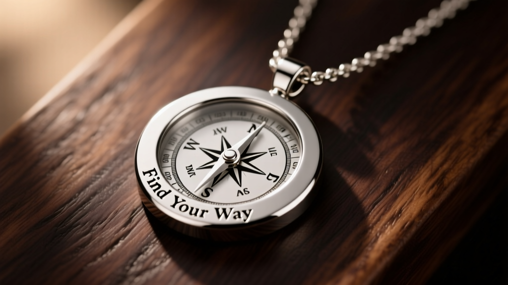 Close-up of a stainless steel compass pendant necklace on dark oak wood, soft warm lighting highlighting the engraved message text.
