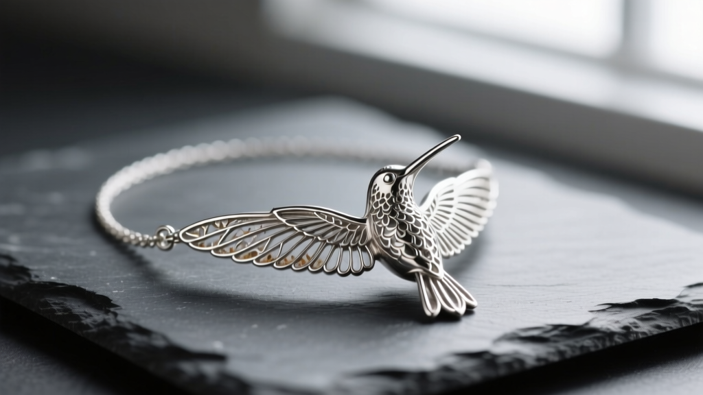 Macro shot of a sterling silver hummingbird necklace on dark slate, highlighting intricate filigree wings and slight tarnish.