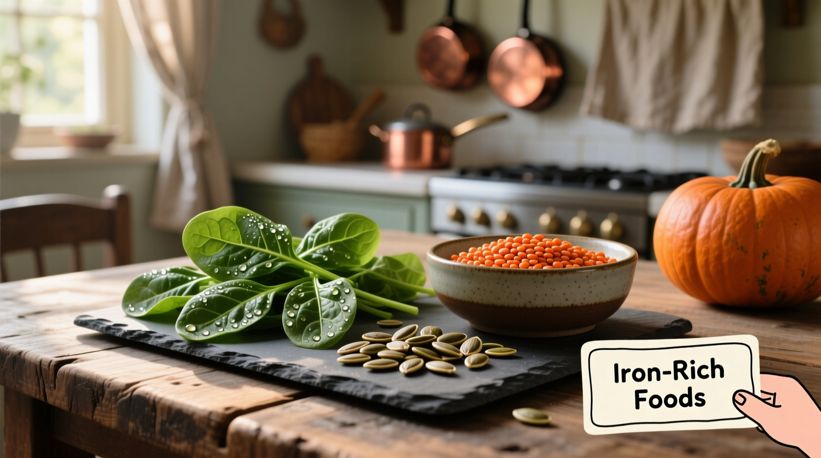 Iron-rich foods including spinach, lentils, and pumpkin seeds arranged on wooden table