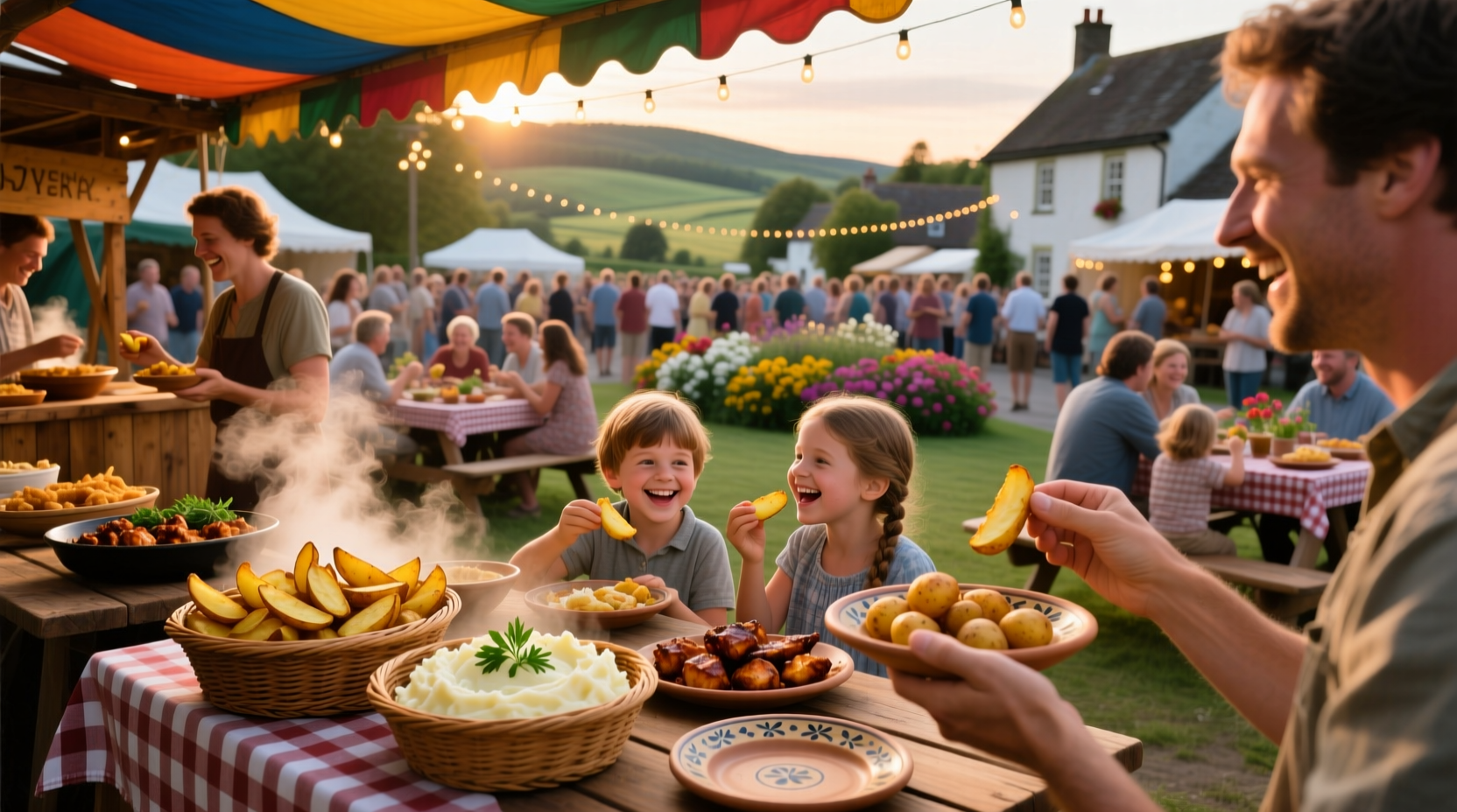 Crowd enjoying potato dishes at outdoor festival