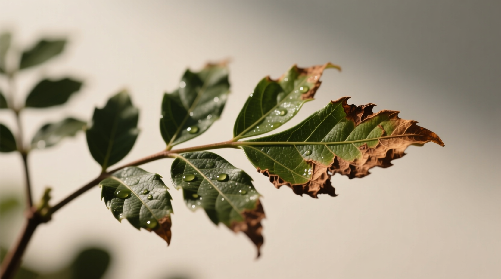Close-up of aralia leaves showing brown crispy edges from low humidity