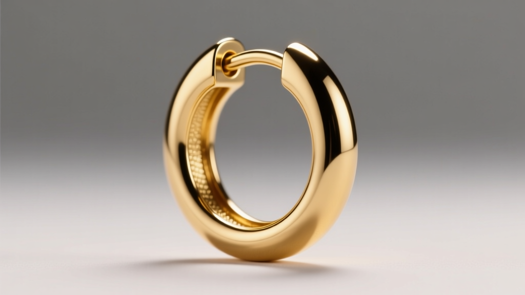 Macro shot of 16-gauge titanium huggie earring with PVD gold coating showing seamless hinge mechanism under bright studio lighting