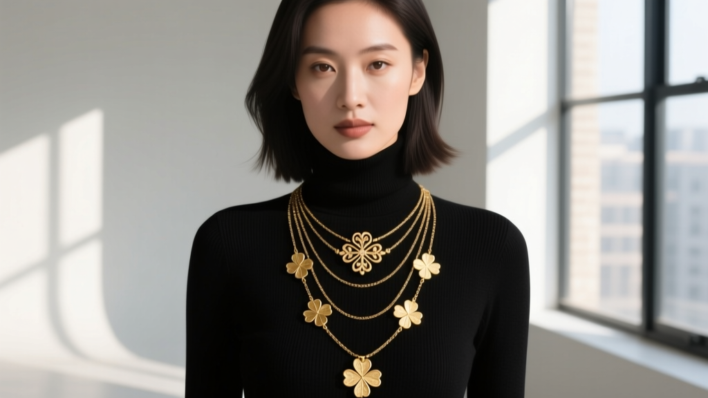 Woman wearing a layered long gold clover necklace over a black turtleneck sweater, highlighting the motif drape and clasp detail.