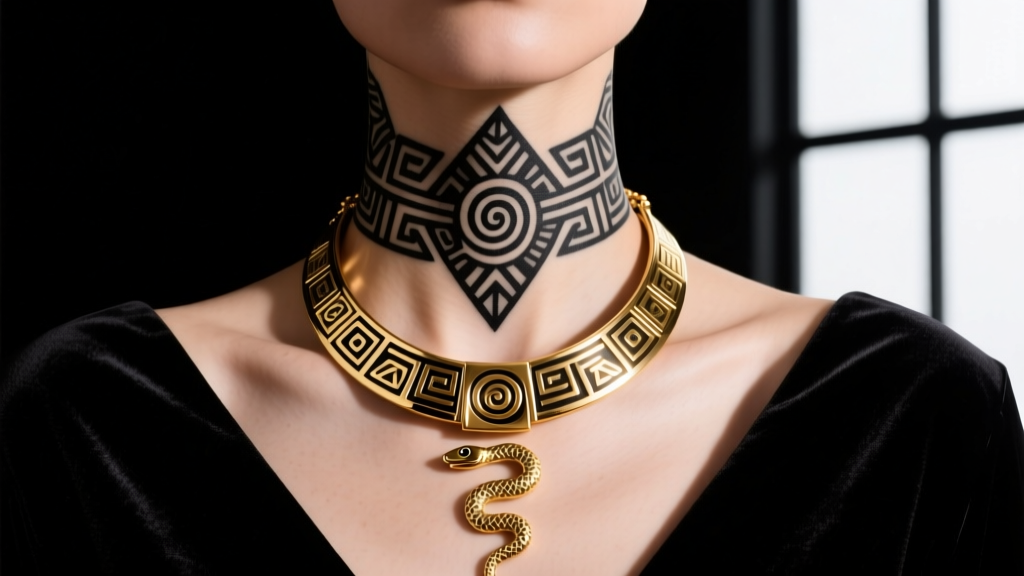 Blackwork Aztec necklace tattoo on a collarbone beside a polished 14k gold Aztec collar necklace on dark velvet.
