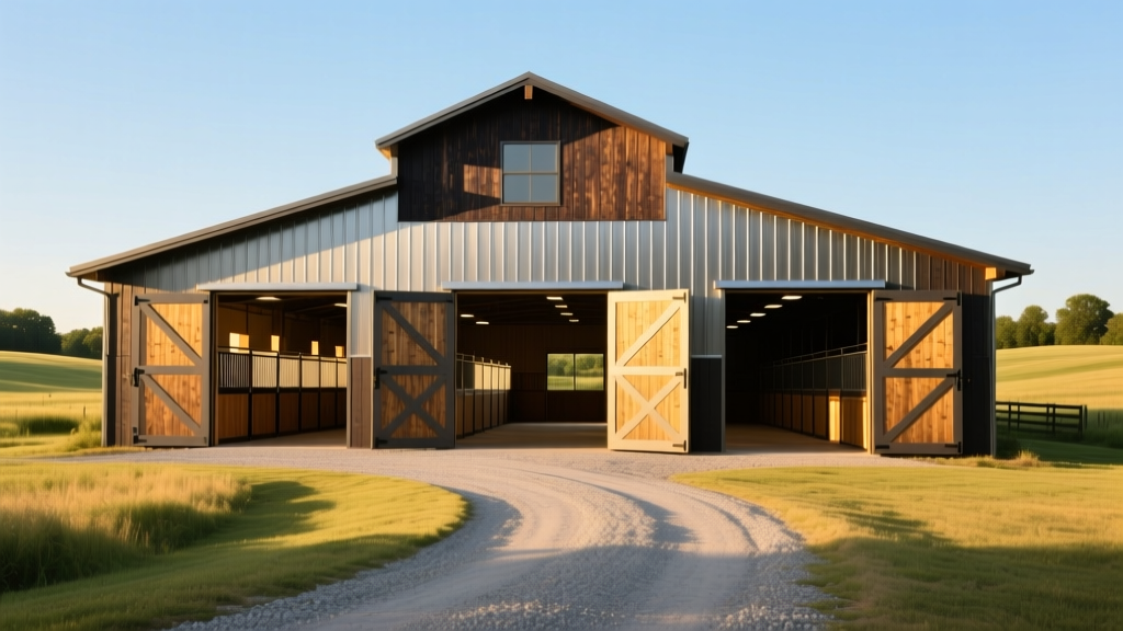Exterior of a 40x60 dark wood and metal pole barn horse facility with four open Dutch doors facing a gravel driveway