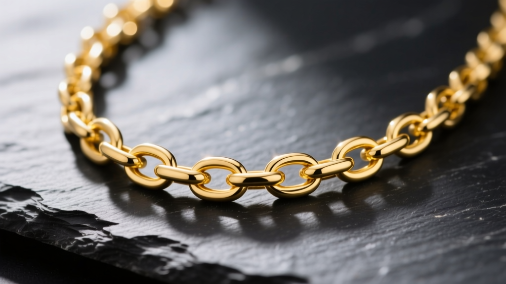 Macro shot of a 14k yellow gold solid anchor chain necklace on dark slate, highlighting the crossbar and oval link structure