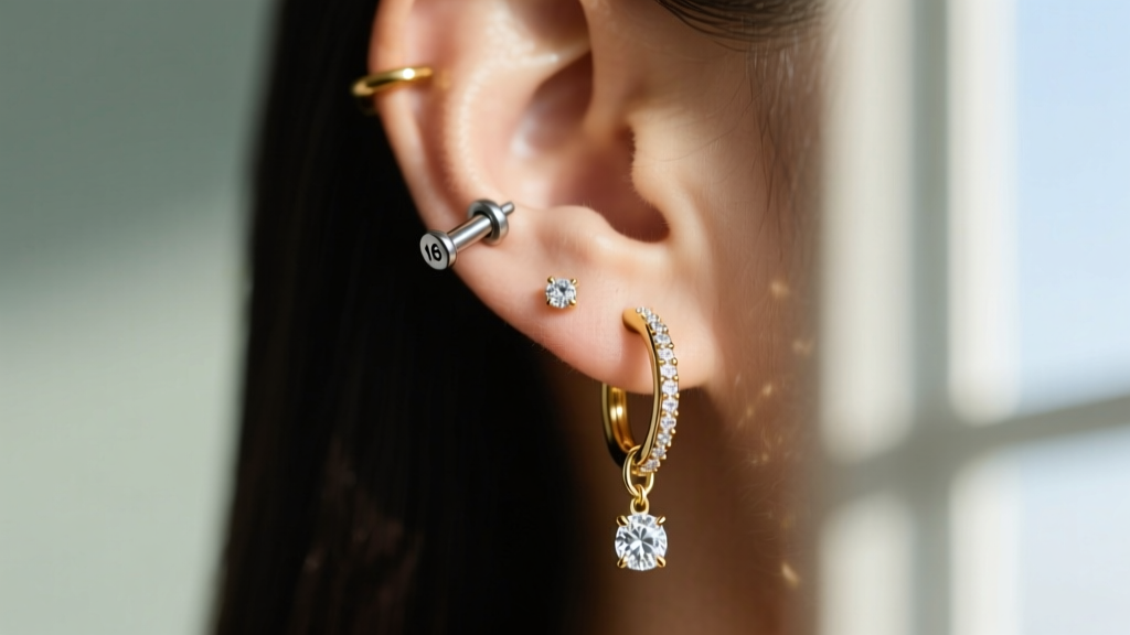 Close-up of an ear stack with a 16g titanium helix stud, an 18k gold huggie, and a diamond drop against a soft blurred background