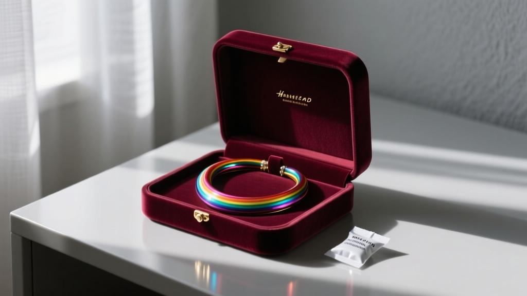 Velvet jewelry box holding a coiled rainbow necklace, a small silica gel packet, and an anti-tarnish strip in a dimly lit room.