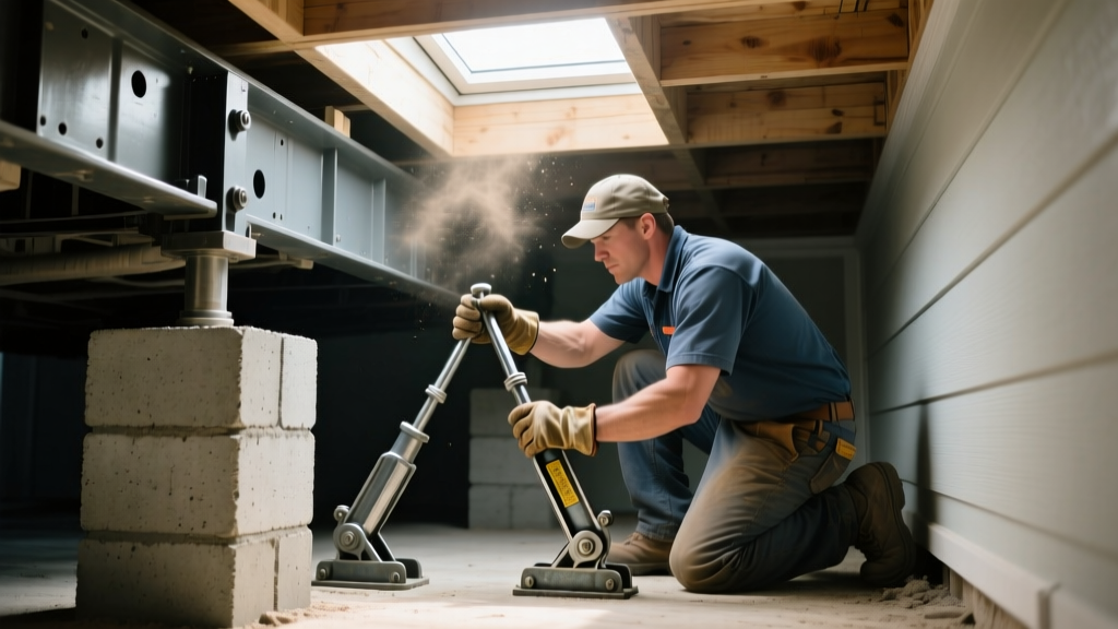 Technician using hydraulic jacks to re-level concrete block piers beneath a manufactured home chassis in a crawl space