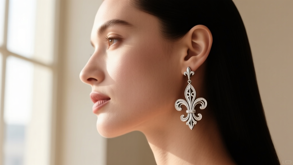 Side profile of a woman wearing sterling silver fleur de lis drop earrings, showcasing detailed scrollwork against her jawline