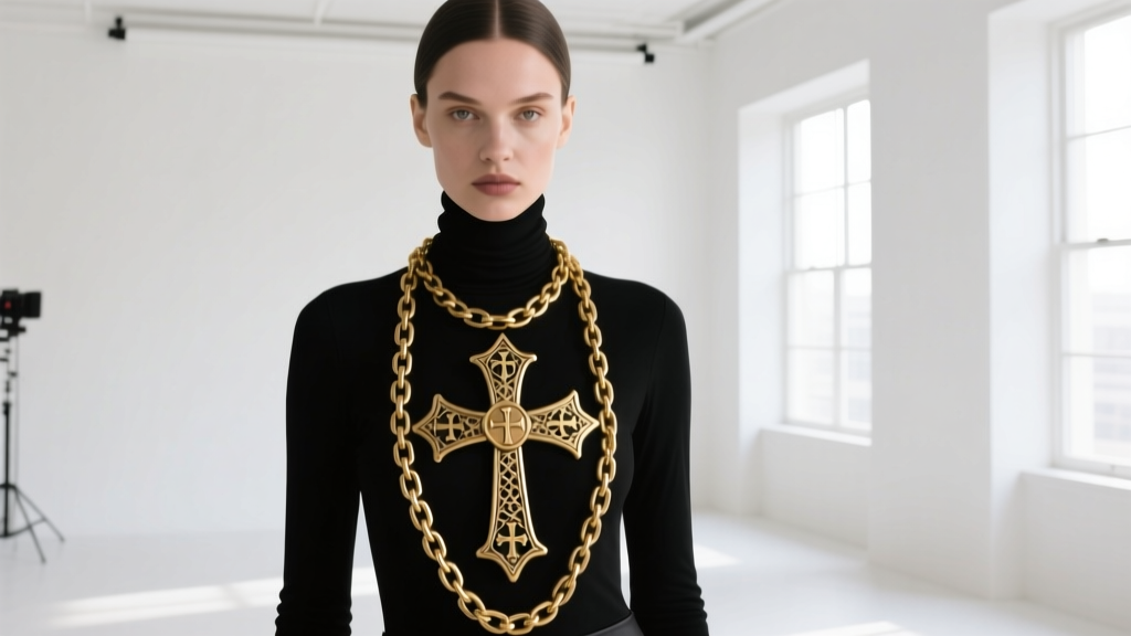 Model wearing layered Charlemagne relic crosses and thick gold chains over a black turtleneck in a bright modern studio.