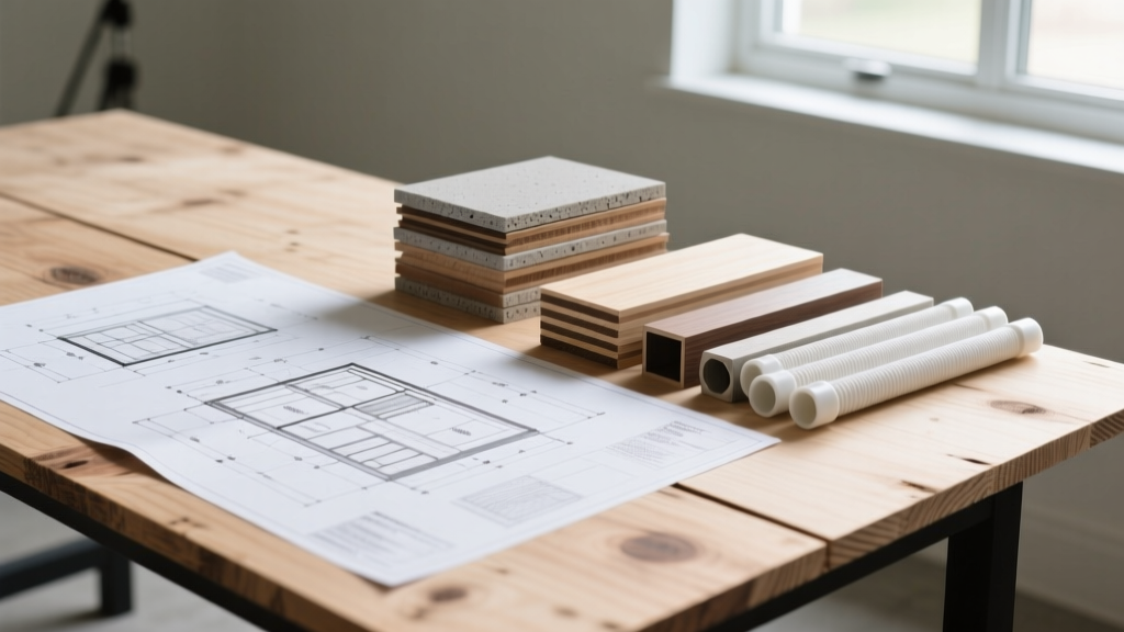 Architectural blueprints on a plywood table beside stacked samples of fiber cement siding, engineered lumber, and PEX tubing