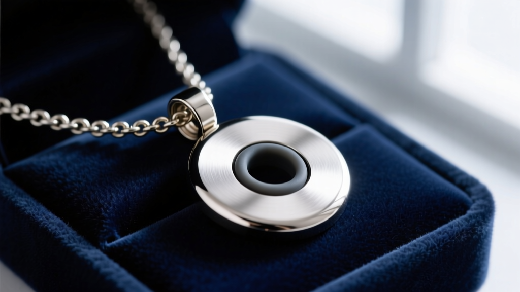Macro shot of a brushed titanium crematorium necklace pendant showing a threaded screw cap and silicone O-ring seal on velvet