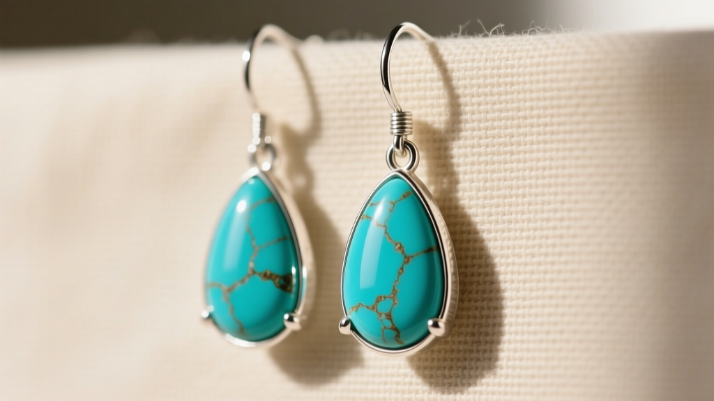 Turquoise drop earrings in polished sterling silver with teardrop Kingman stones resting on a soft beige linen background