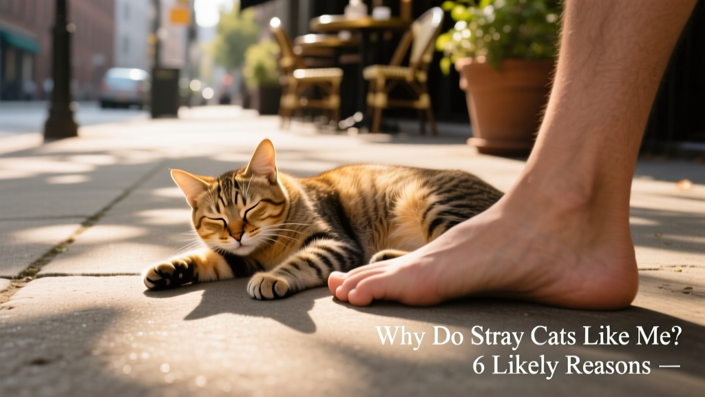 A relaxed stray cat resting peacefully in dappled sunlight beside a person’s foot, eyes softly closed