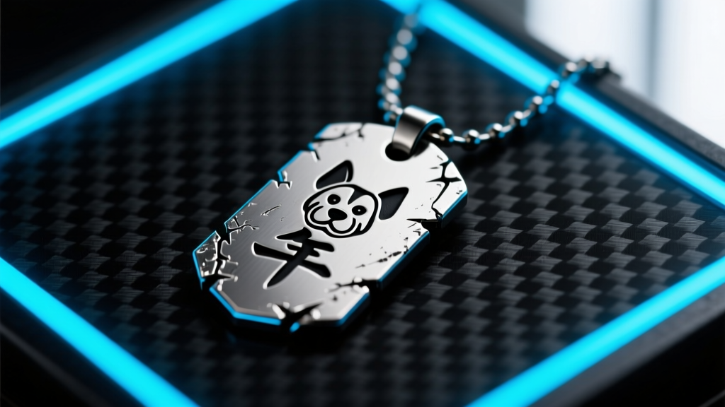 Distressed titanium Cyberpunk 2077 Samurai dog tag necklace on dark carbon fiber with neon blue rim lighting, front angle