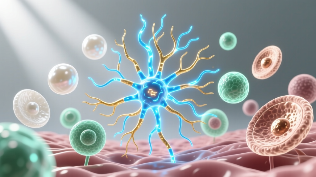 3D render of a glowing neural network overlaying diverse human cells, representing AI-driven single-cell transcriptomics analysis
