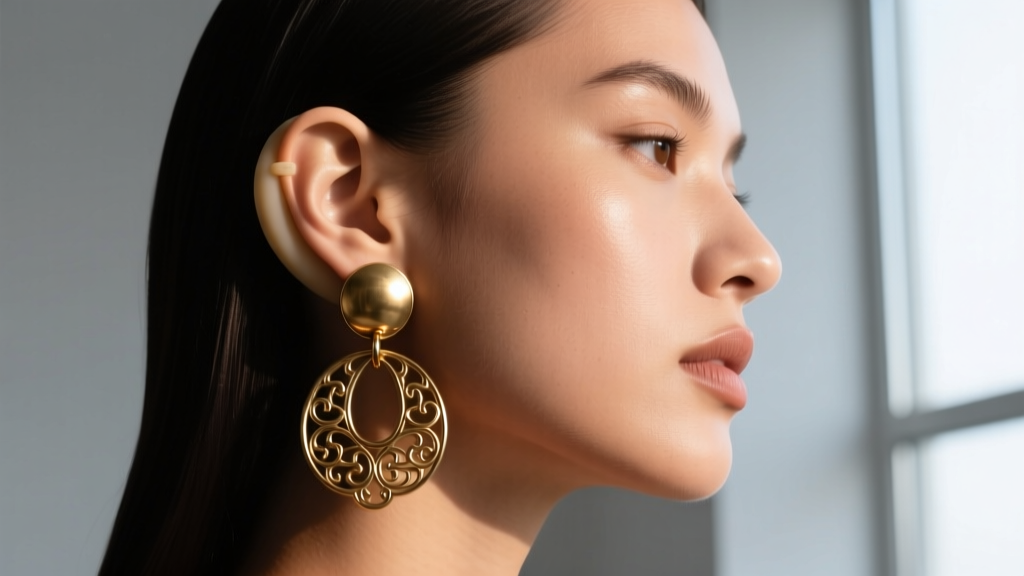 Side profile of a model wearing a heavy brass earring, showing how a wide silicone backing prevents earlobe drooping and stress