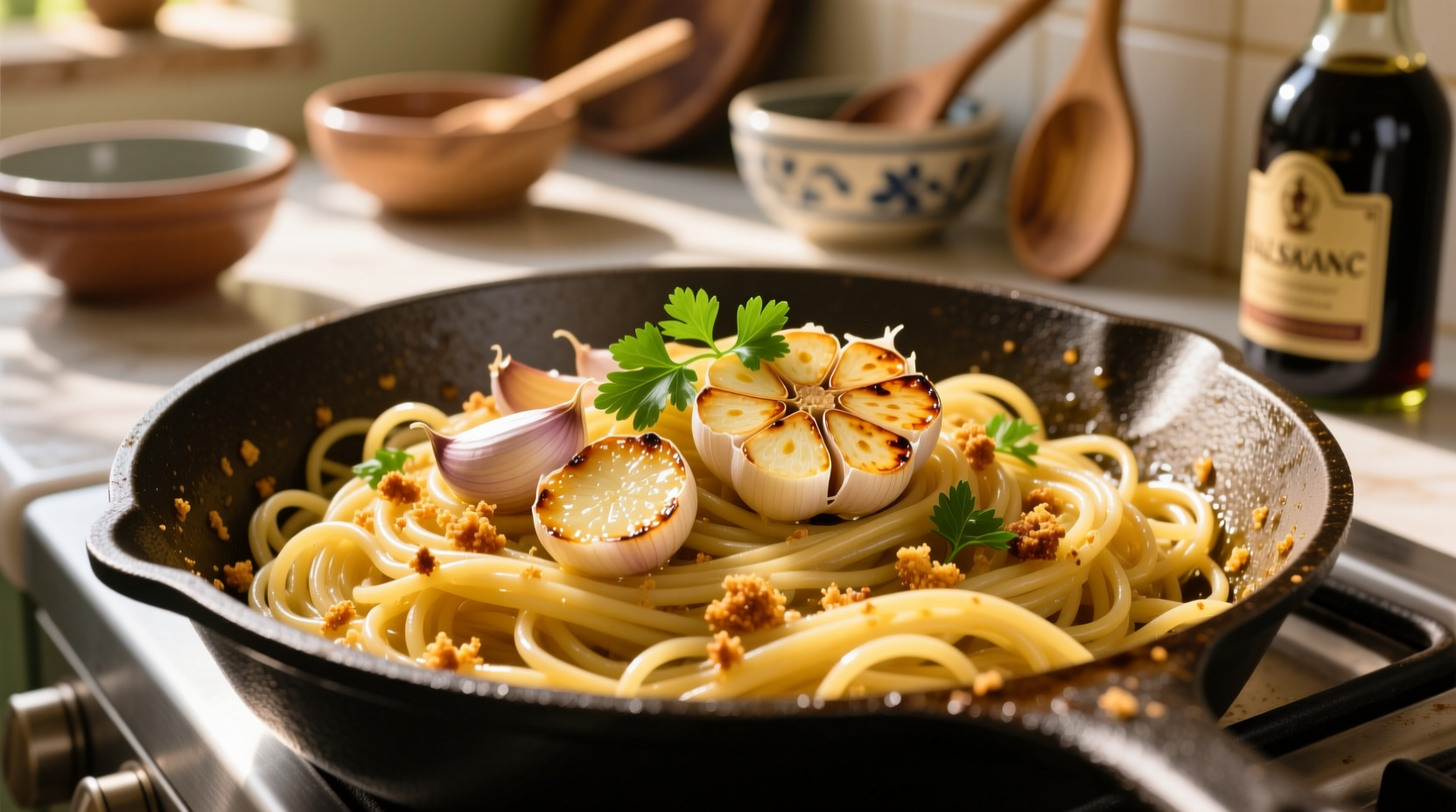 Golden garlic slices in olive oil with spaghetti