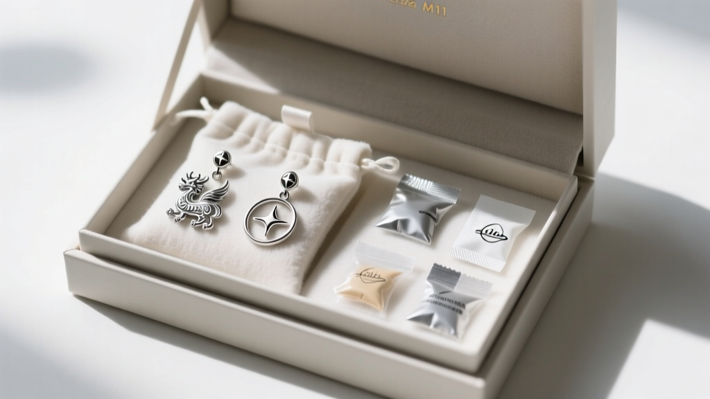 Open box showing microfiber pouches, silica gel packets, and anti-tarnish strips protecting intricate silver character earrings.