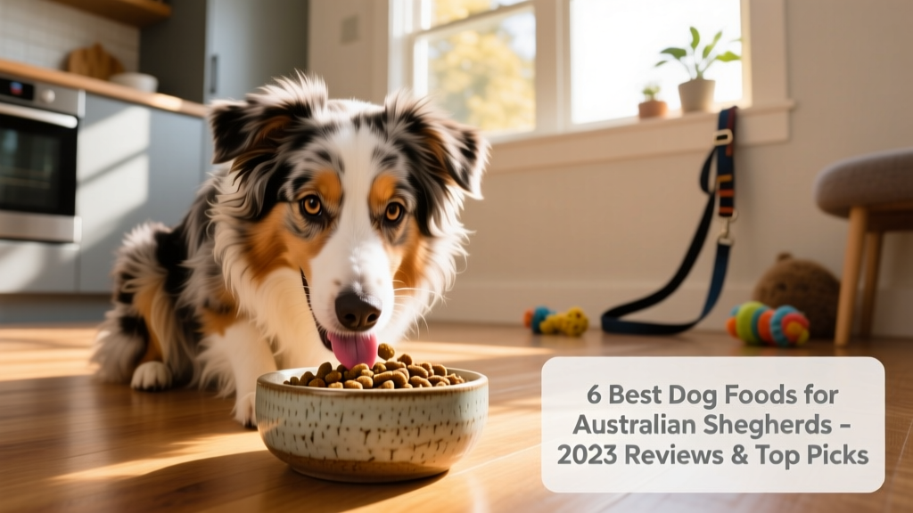 Australian Shepherd mid-meal, happily eating kibble from a ceramic bowl