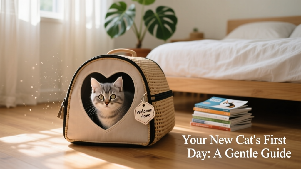 A calm, curious kitten peeking out from a cozy cat carrier in a softly lit, tidy bedroom
