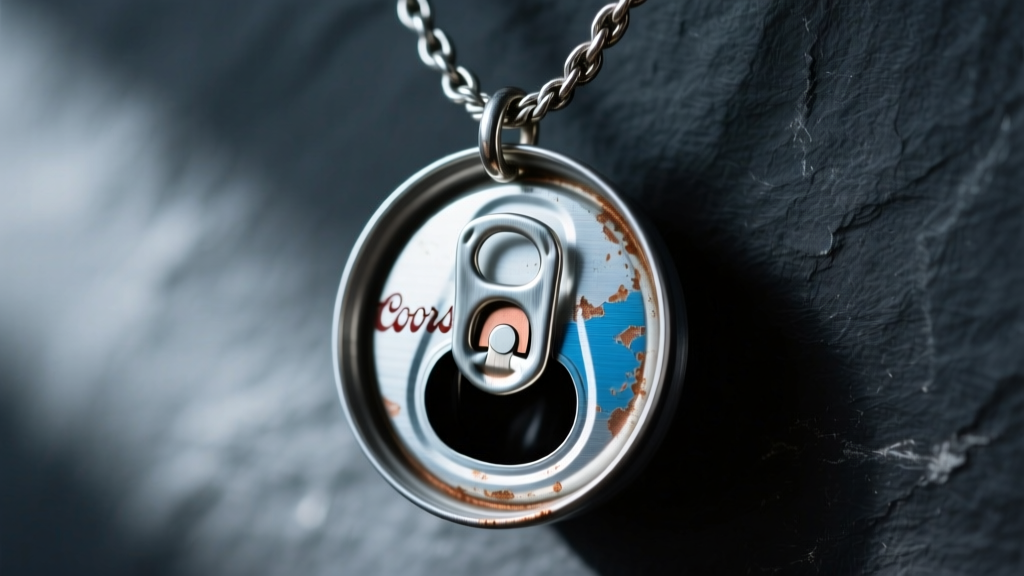 Close-up macro shot of an upcycled aluminum Coors can tab pendant hanging from an oxidized silver rope chain against dark slate