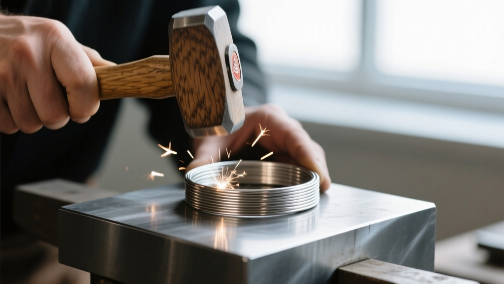 Hands using a rawhide mallet to hammer a 16-gauge niobium wire bracelet frame on a steel bench block to work-harden the metal.