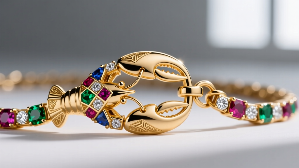 Close-up of a 14k gold lobster clasp on a heavy multi colored gemstone necklace chain featuring a securely soldered jump ring