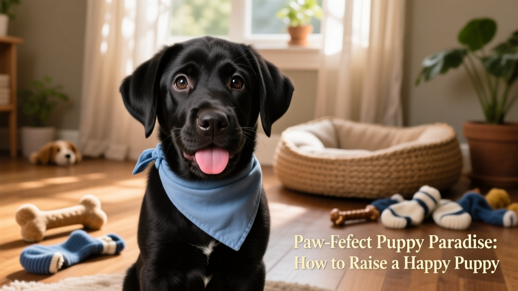 a black Labrador puppy facing the camera with a blue neckerchief and its tongue sticking out