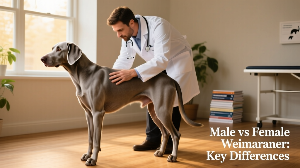 Veterinarian gently examining a Weimaraner’s hips during a routine wellness check