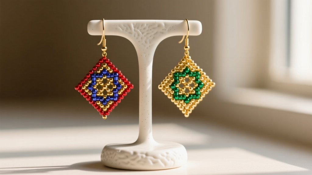 Intricate right-angle weave seed bead dangle earrings hanging from a minimalist ceramic jewelry display stand in soft light