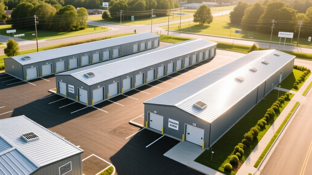 Aerial view of a newly constructed climate-controlled self-storage facility with metal roofing and asphalt paving in a suburban commercial zone