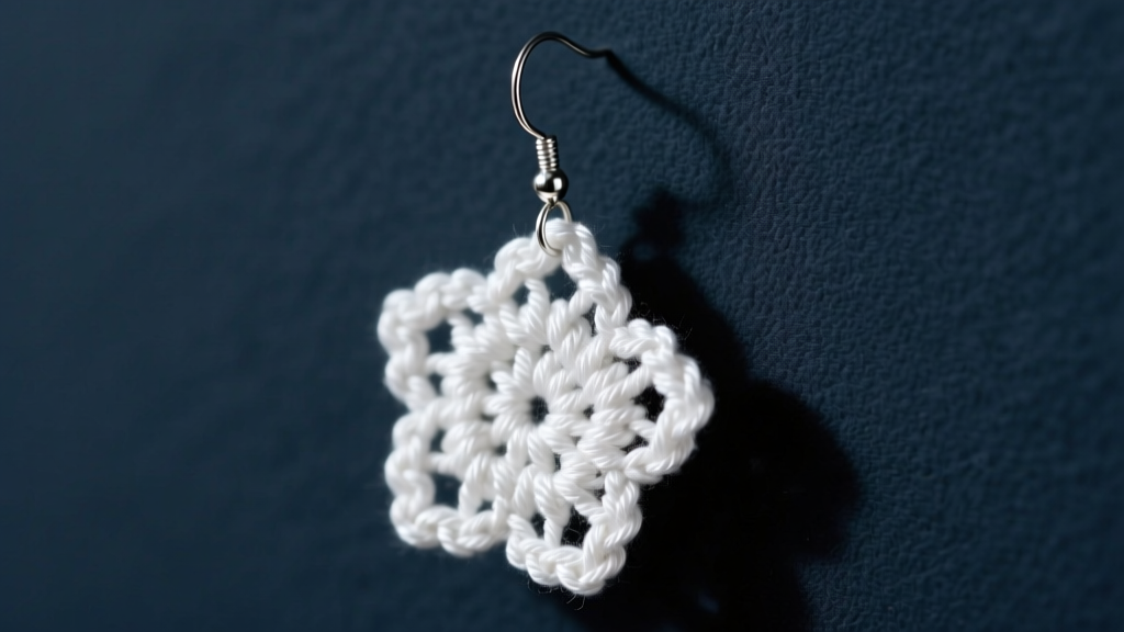 Close-up of white size-20 mercerized cotton crochet floral earring attached to a 20-gauge niobium ear wire on dark slate