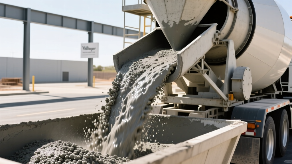 Close-up of a concrete batch plant mixer discharging fresh gray concrete mixed with crystalline waterproofing admixture into a ready-mix truck