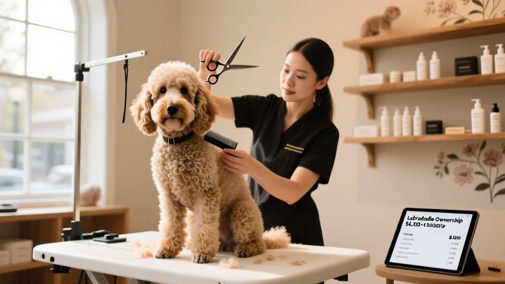 A Labradoodle receiving a professional grooming session—brushing and trimming its curly coat