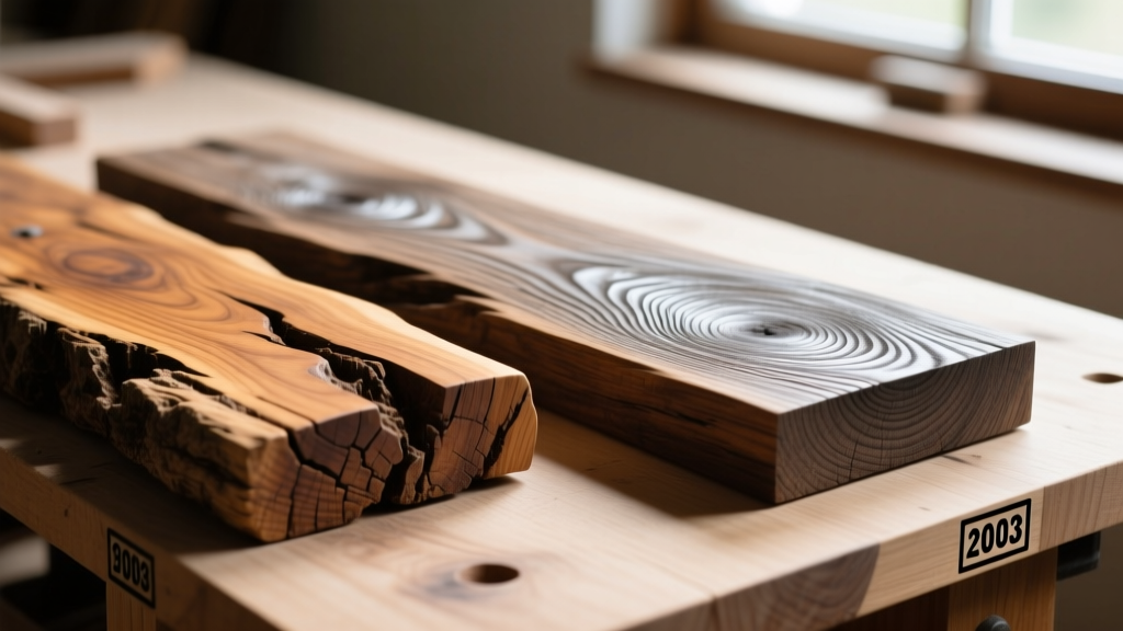 Macro photography of ancient, weathered cedar and olive wood grain textures side-by-side on a workbench with modern lumber grading stamps visible