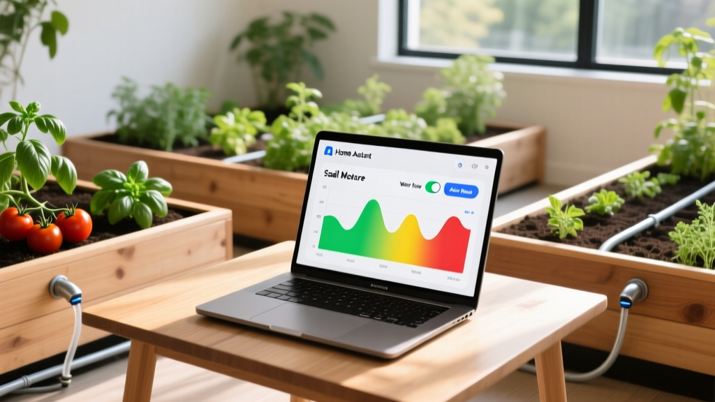 Laptop showing Home Assistant dashboard with real-time soil moisture graphs and automated watering toggle switches for raised garden beds
