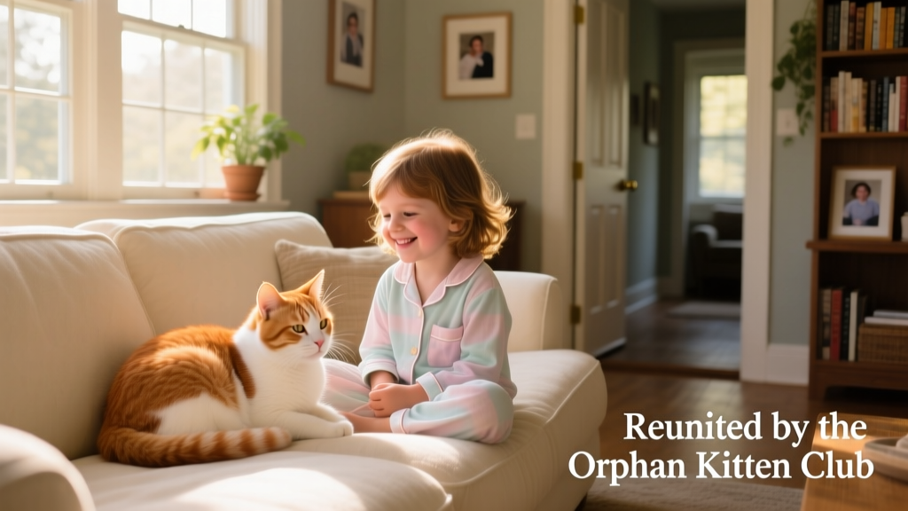 A relaxed cat named Doty (formerly Thali) curled up beside a smiling child on a living room couch