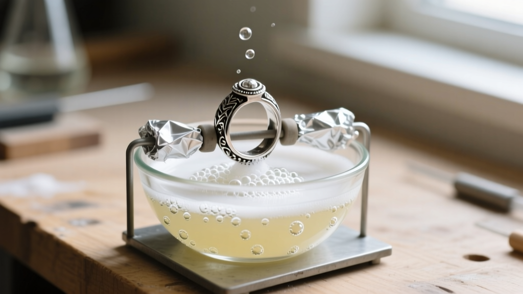 Workbench showing electrolytic cleaning with aluminum foil, bubbling baking soda solution, and a heavily tarnished silver ring.