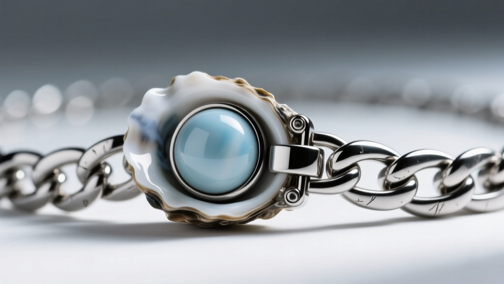 Detailed view of a custom fold-over Oyster clasp with a ceramic ball bearing mechanism on a thick stainless steel chain necklace