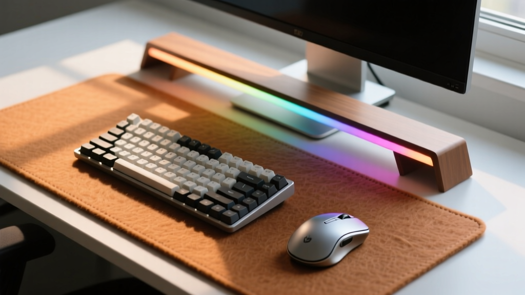 Overhead view of a wool felt desk mat with a precisely aligned keyboard, mouse, and asymmetric monitor light bar.