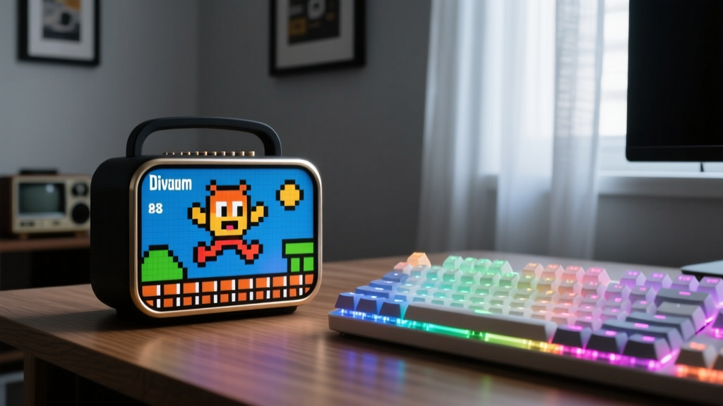 Close-up of Divoom Ditoo retro speaker displaying 8-bit pixel art next to a mechanical keyboard in a dimly lit room