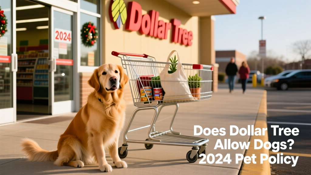 A friendly dog sitting beside a shopping cart outside a Dollar Tree store